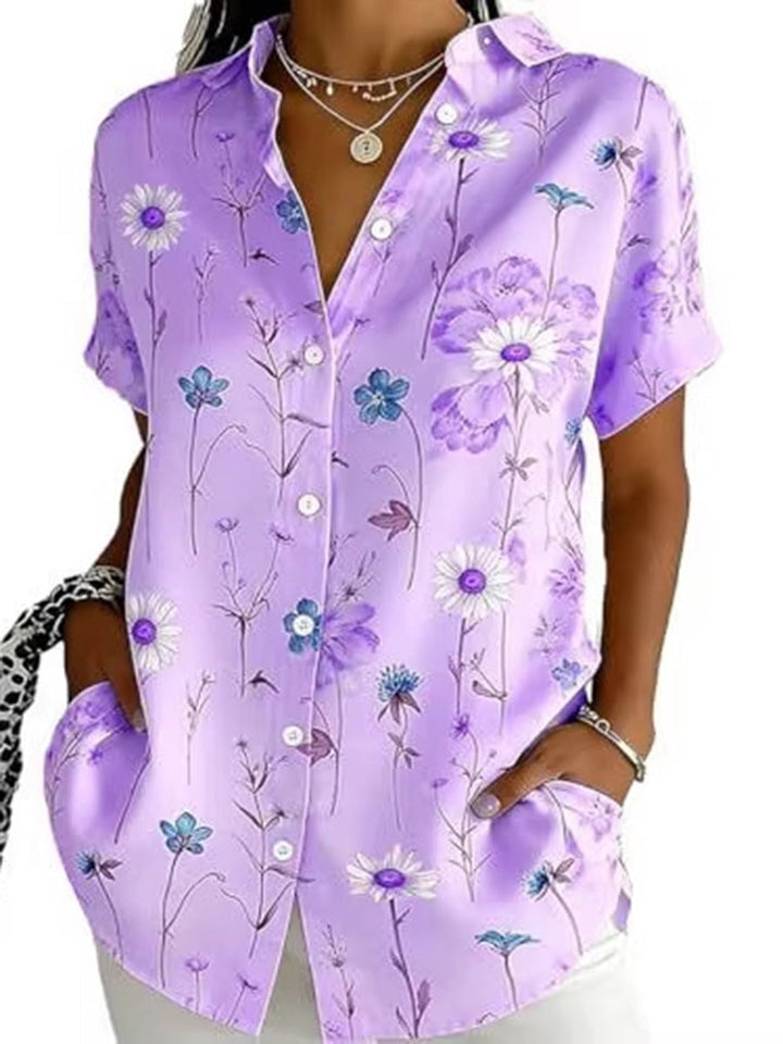 Chemisier ample boutonné grande taille, à imprimé floral, à col revers, couleur contrastée