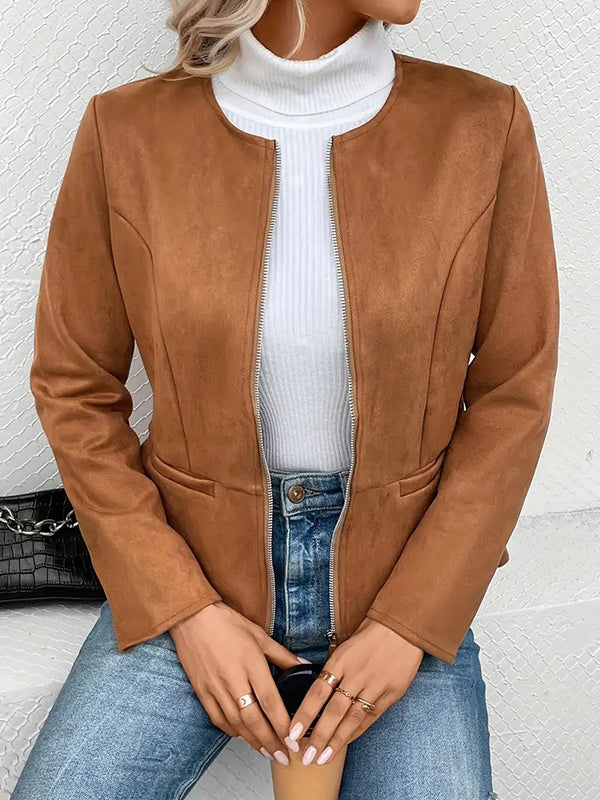 Veste ample à manches longues, à poches, à empiècements, à fermeture éclair, à col rond, couleur unie