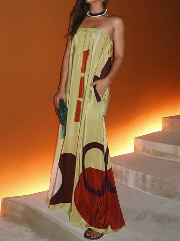 Robe de soirée longue ample imprimée sans manches, à taille élastique, à empiècements, bustier