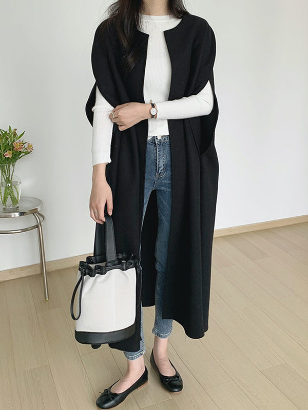 Veste ample sans manches, à col rond, style cape, couleur unie