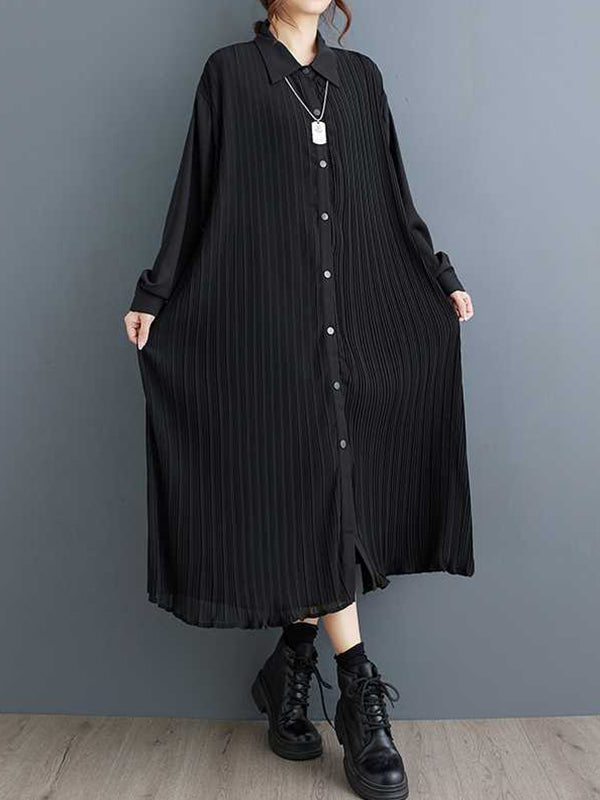 Robe chemise boutonnée plissée coupe trapèze, à manches longues, à poches, à empiècements, à col revers