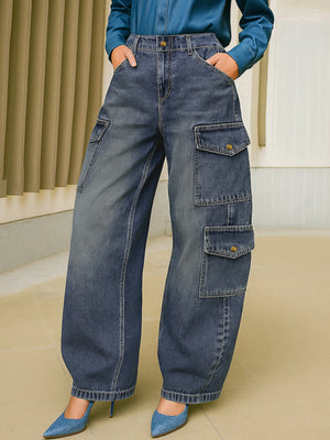 Jean ample boutonné taille haute, à poches, à empiècements, couleur unie