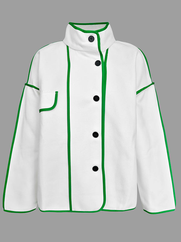 Manteau en laine ample boutonné à manches longues, à poches, à empiècements, à col montant, couleur contrastée