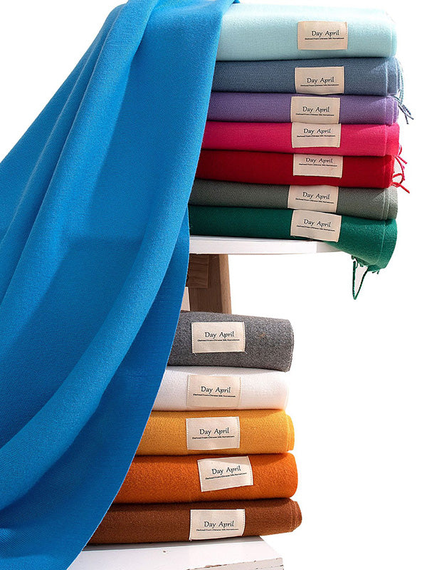 Écharpe chaude à pompons, couleur unie