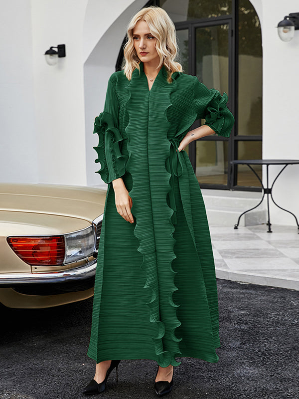 Robe longue ample nouée plissée à manches longues, à falbalas, à col en V, couleur unie