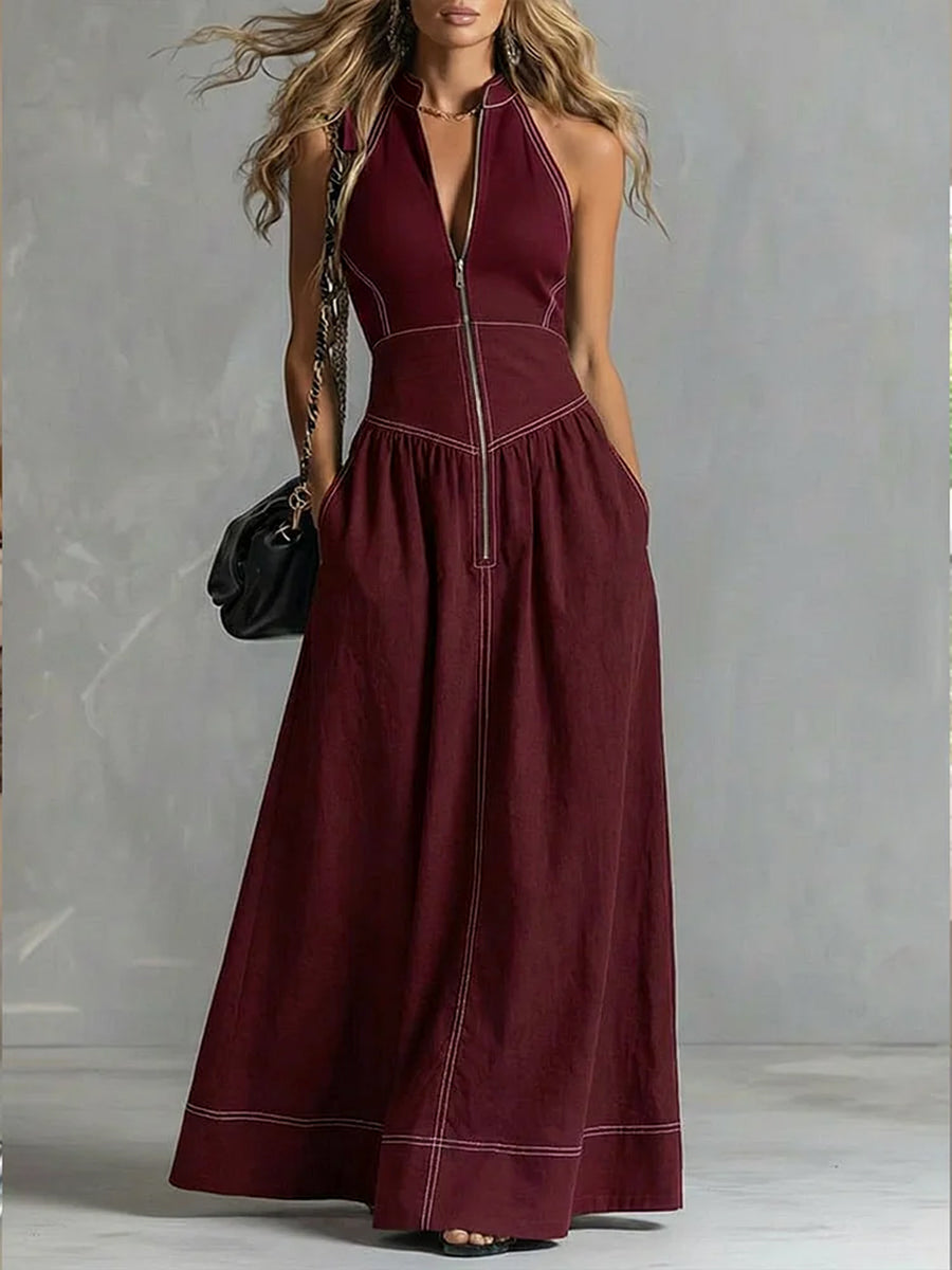 Robe longue plissée coupe trapèze, taille haute, à poches, à fermeture éclair, à col montant, couleur unie