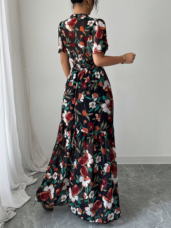 Robe longue ample plissée coupe trapèze, à taille élastique, à imprimé floral, à col en V, couleur contrastée