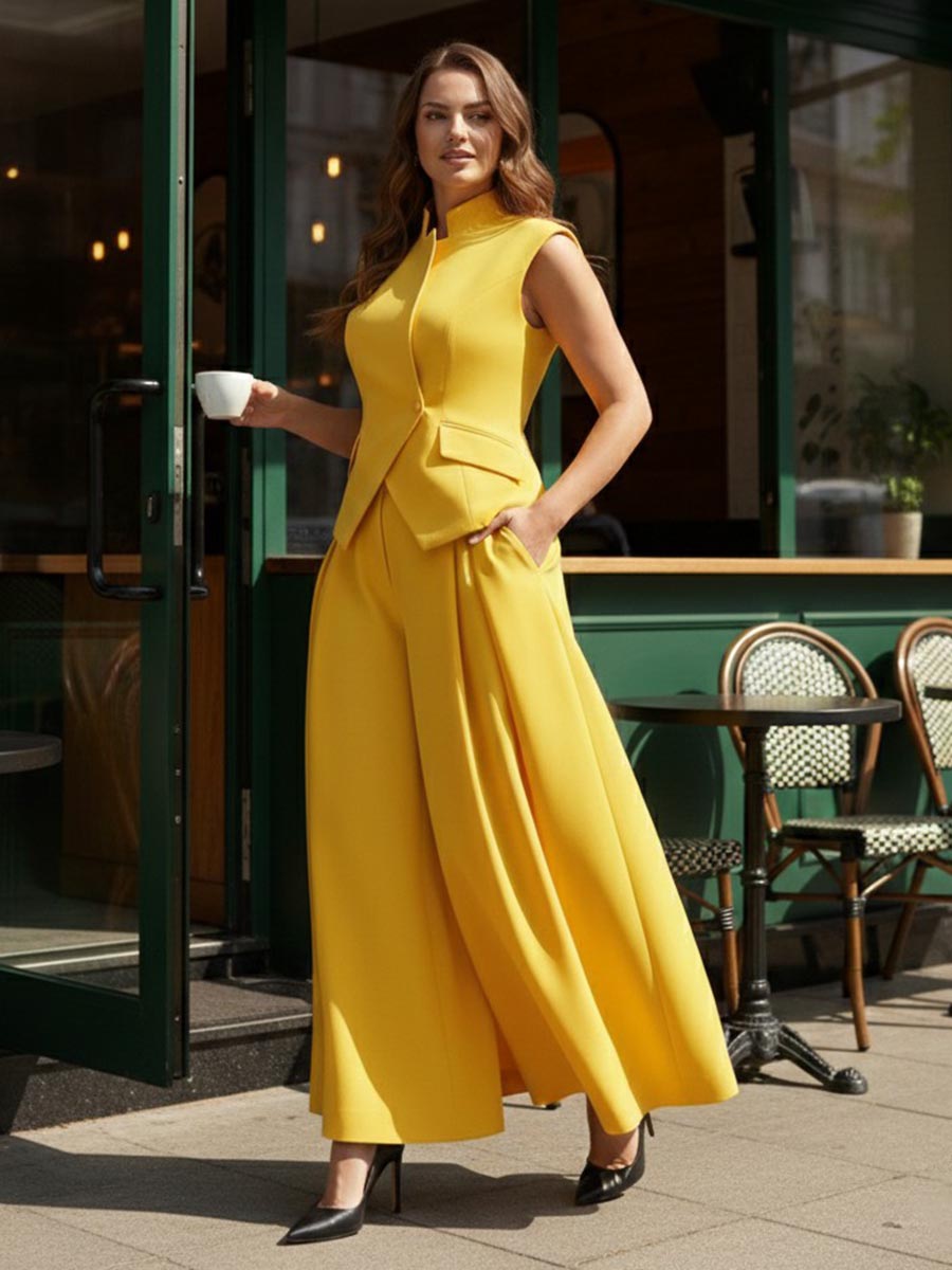 Pantalon ample plissé taille haute, à empiècements, couleur unie