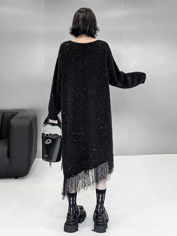 Robe pull brillante à coupe irrégulière, à manches longues, à sequins, à empiècements, à pompons, à col en V, couleur contrastée