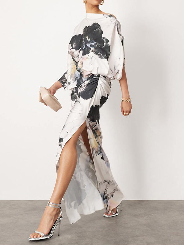 Robe de soirée longue ample asymétrique fendue sur le côté à manches chauve-souris, à imprimé floral, à empiècements, asymétrique à une épaule