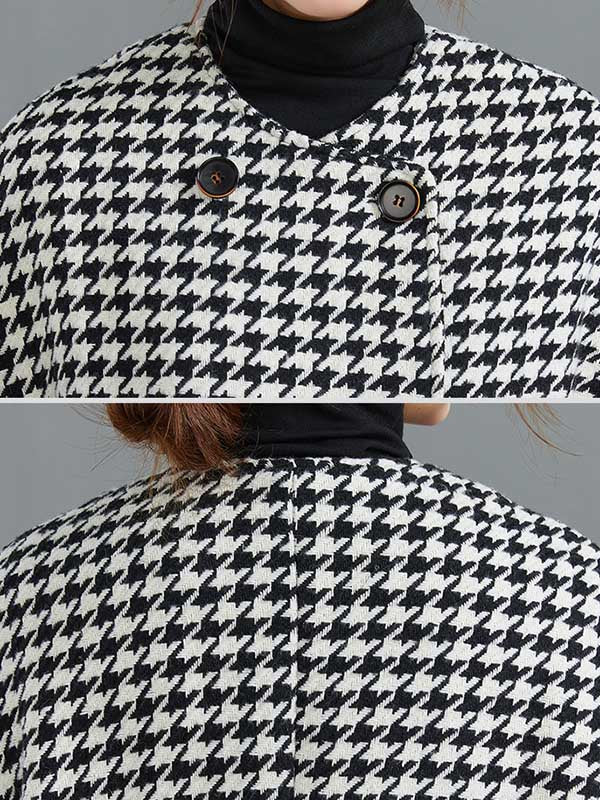 Manteau en laine ample boutonné à motif pied-de-poule, à col rond, à manches longues