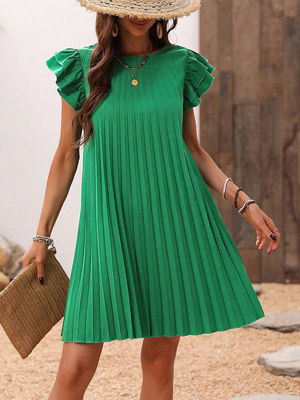 Robe courte ample ajourée plissée coupe trapèze, à empiècements, à col rond, couleur unie