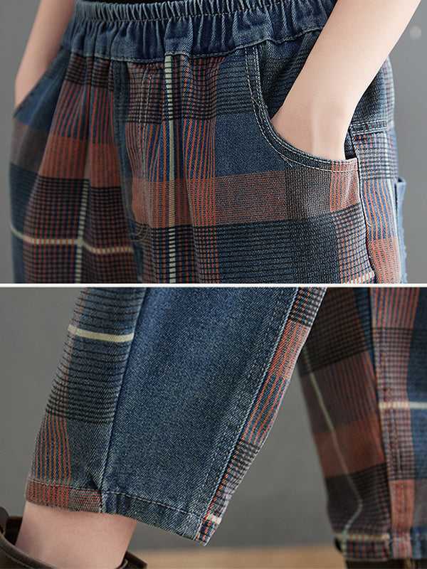Pantalon en jean à carreaux rétro artistique original