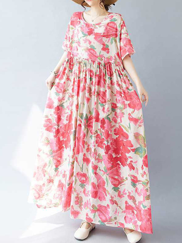 Robe mi-longue plissée coupe trapèze, à manches chauve-souris, à imprimé floral, à empiècements, à col rond