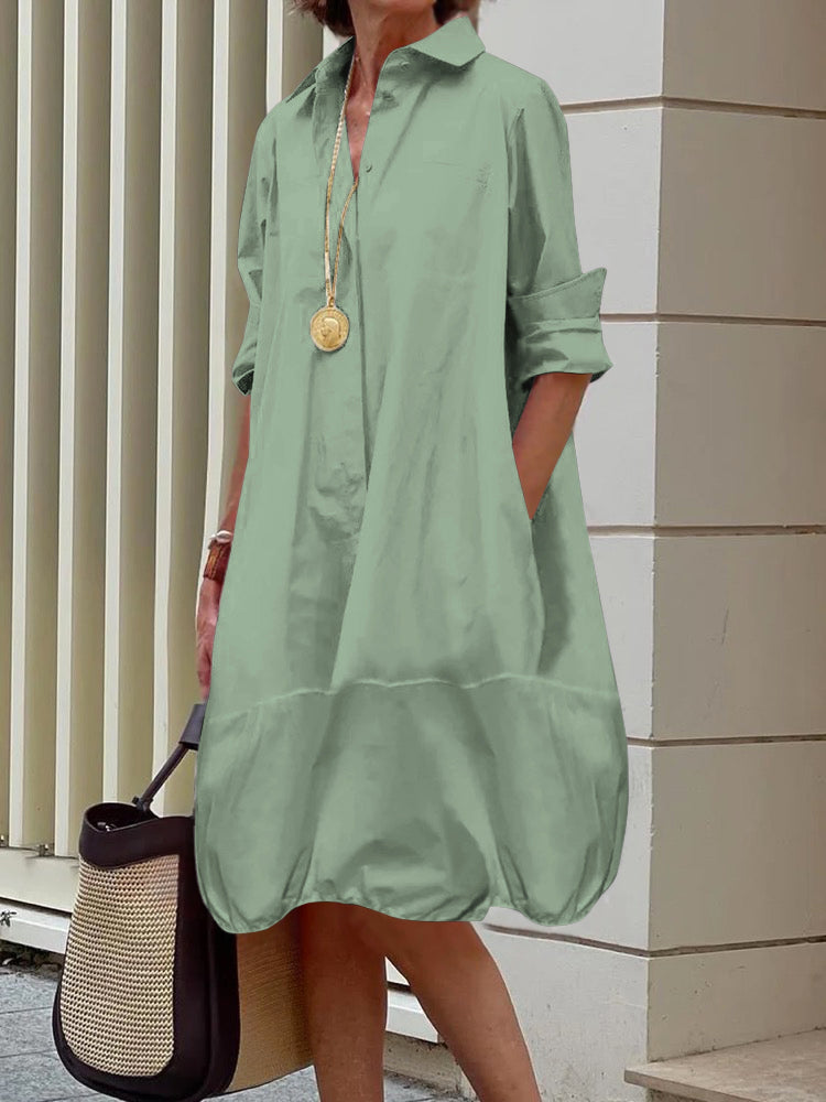 Robe chemise ample à manches longues, à col revers, couleur unie
