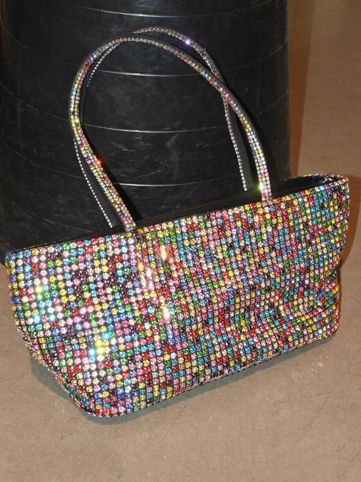 Sac besace à fermeture éclair, à strass, couleur unie