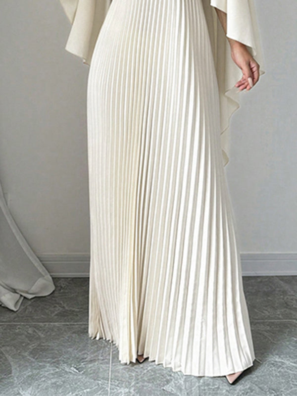 Robe de soirée longue ample plissée style cape, à imprimé floral, à empiècements, à col rond