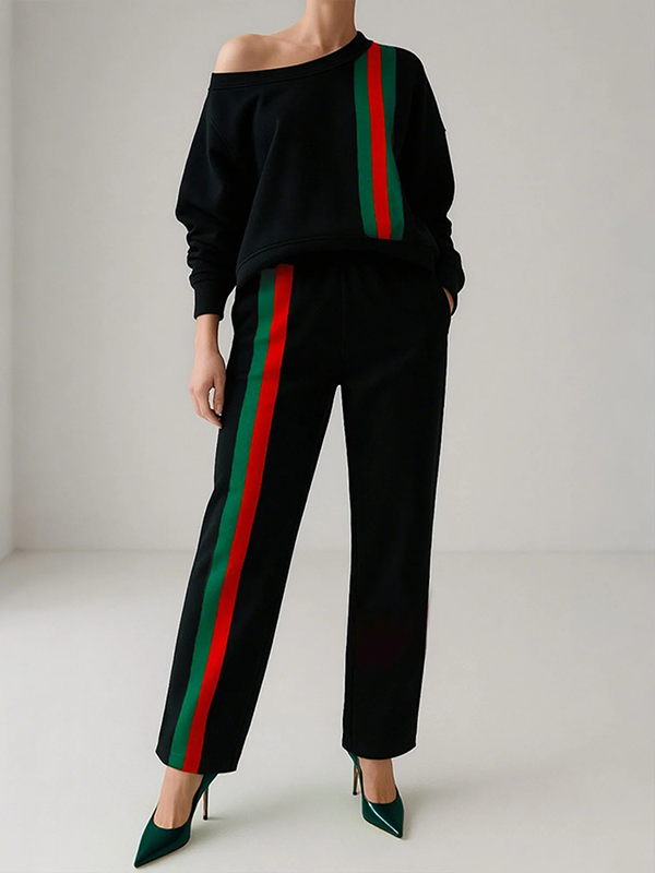 Pantalon rayé décontracté couleur contrastée