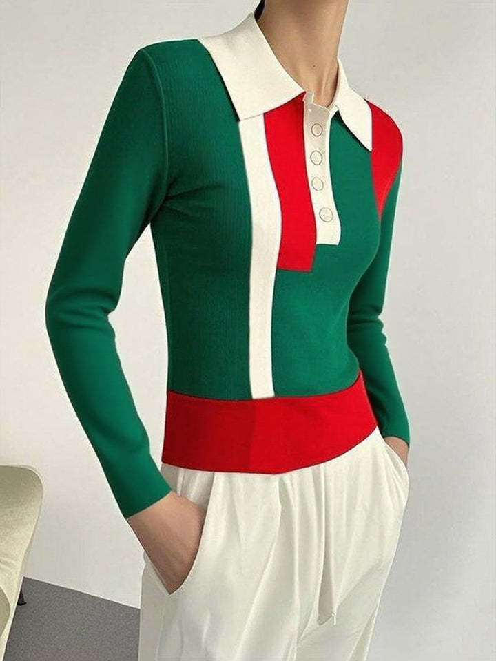 Pull boutonné à manches longues, coupe près du corps, à col revers, couleur contrastée
