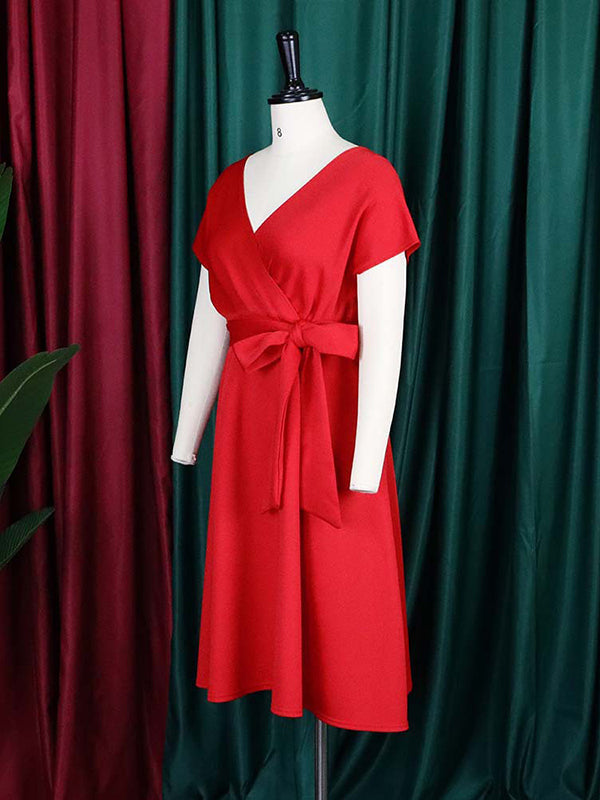 Robe mi-longue à nœud, à lacets, à col en V, couleur unie