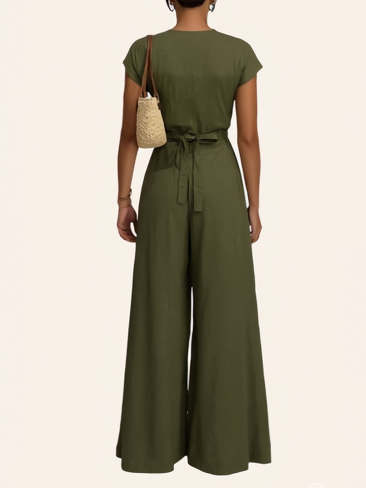 Combinaison plissée taille haute, à manches courtes, à poches, à taille nouée, à col en V, couleur unie