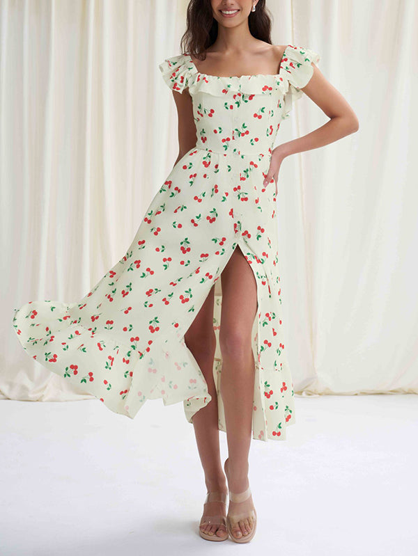 Robe mi-longue ample boutonnée plissée taille haute, à taille élastique, à imprimé floral, à col carré