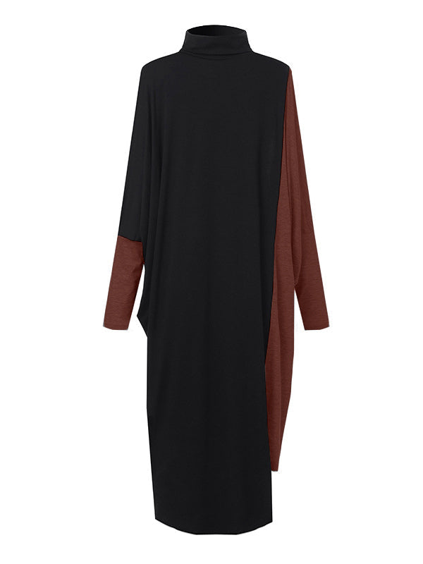 Robe décontractée ample à empiècements, à col haut, à manches longues, couleur contrastée