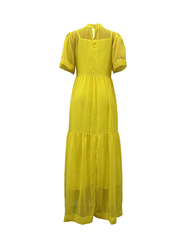Ensemble deux pièces en maille plissée, ample, grande taille, couleur unie, fente à col montant, robes longues