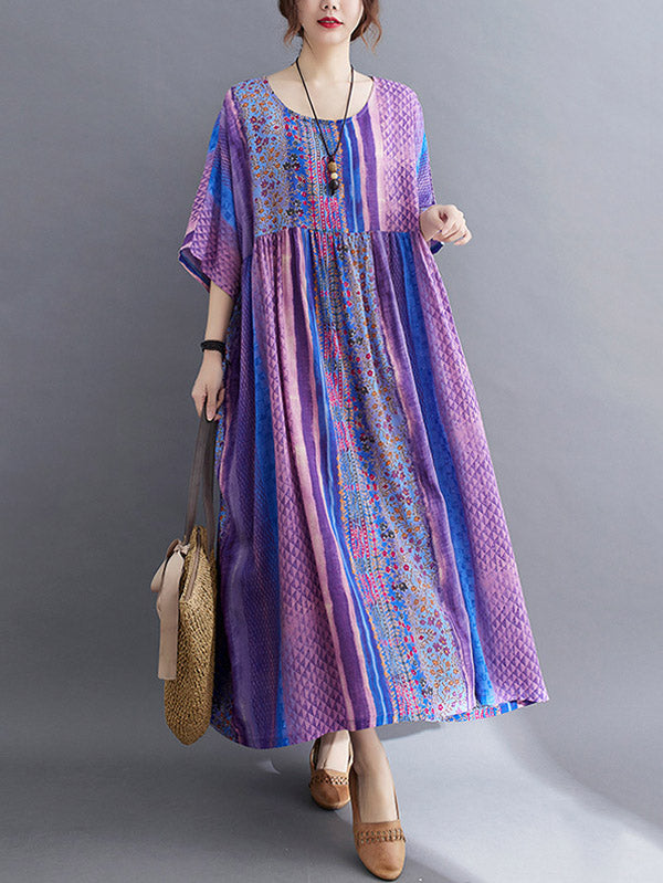 Robe mi-longue vintage à imprimé floral rayé et poche latérale