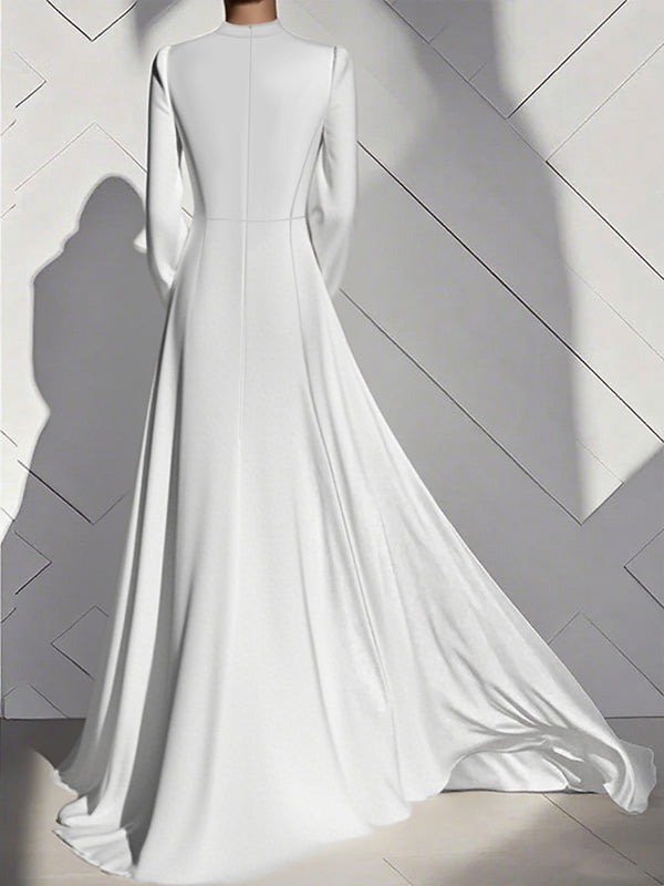 Robe longue plissée coupe trapèze, taille haute, à fermeture éclair, à col cheminée, couleur unie