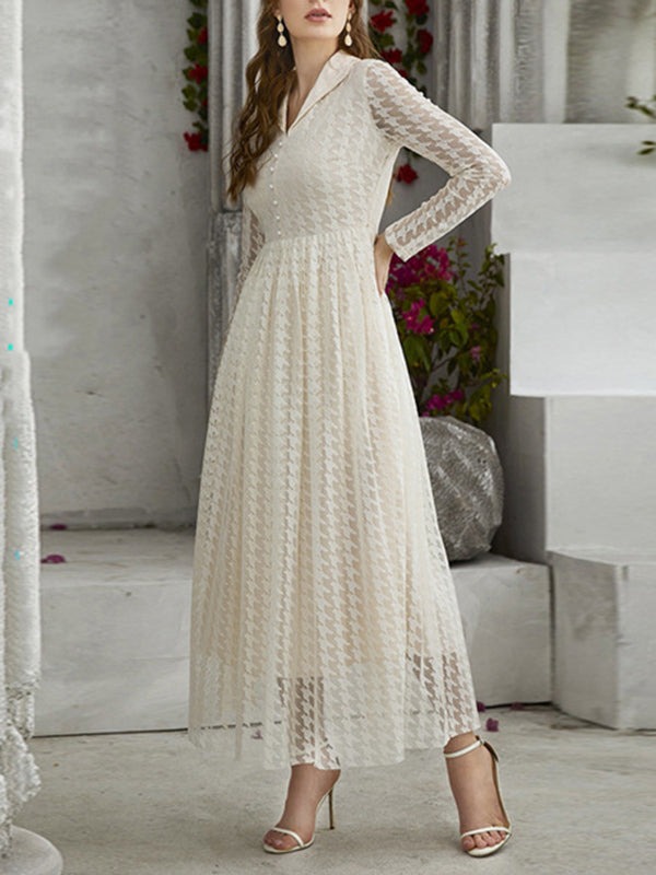 Robe longue boutonnée transparente taille haute, à manches longues, en gaze, à col en V, couleur unie