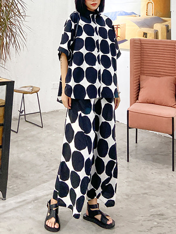 Ensemble deux pièces boutonné à manches chauve-souris, à pois, à col rond, à taille élastique, à poches – chemise + haut + sarouel + pantalon
