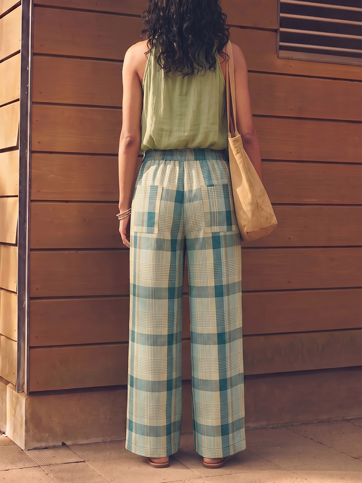 Pantalon ample à poches, à carreaux, à jambes larges, couleur contrastée