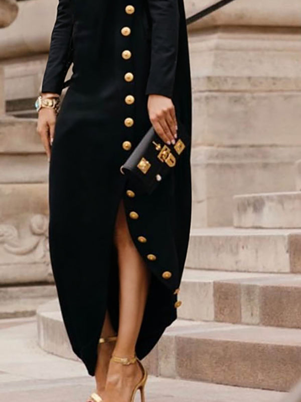 Robe longue ample asymétrique boutonnée fendue sur le côté à manches longues, à empiècements, à col cheminée