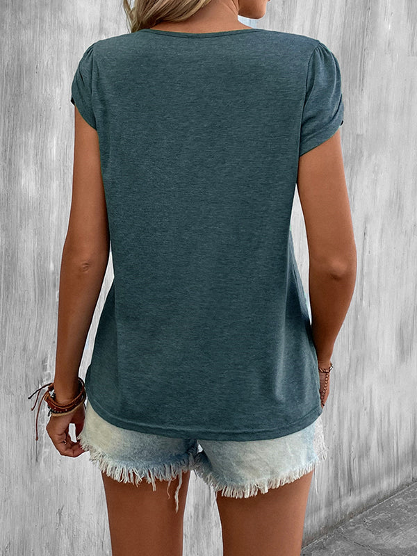 T-shirt ample à manches courtes, à col en V, couleur unie
