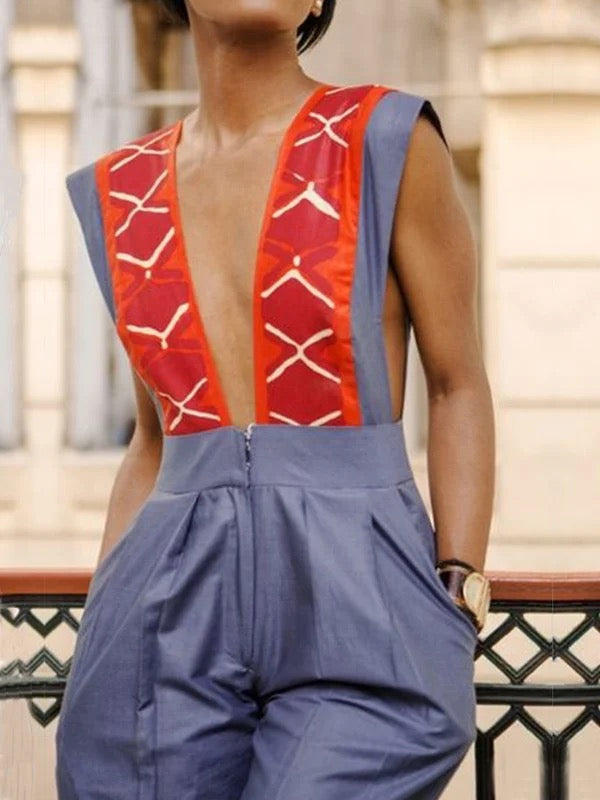Combinaison plissée taille haute, sans manches, à poches, à fermeture éclair, à décolleté en V profond, couleur contrastée