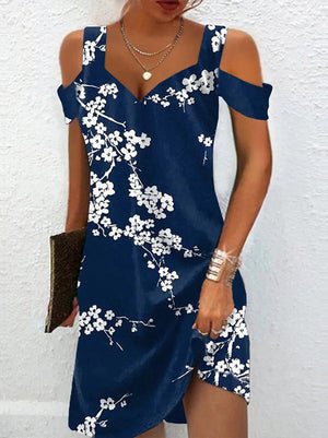 Robe courte ajourée coupe trapèze, taille haute, à imprimé floral, à épaules ajourées