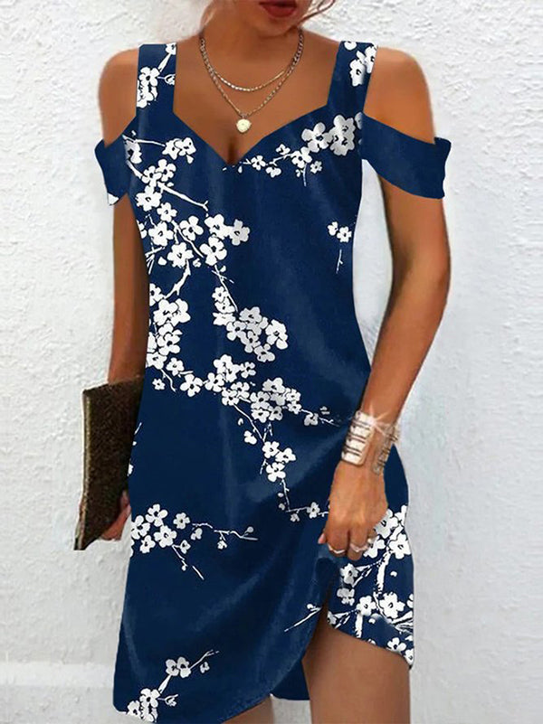 Robe courte ajourée coupe trapèze, taille haute, à imprimé floral, à épaules ajourées