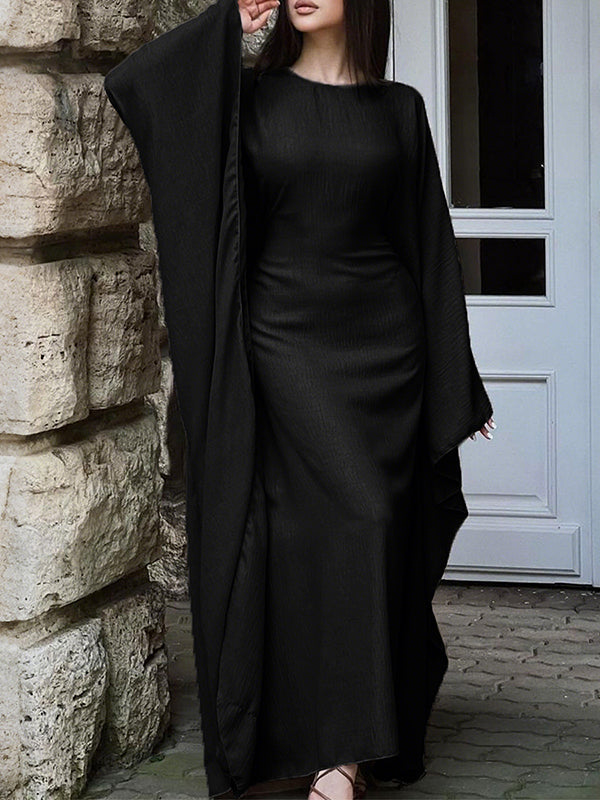 Robe longue à manches chauve-souris, à manches longues, à col rond, couleur unie
