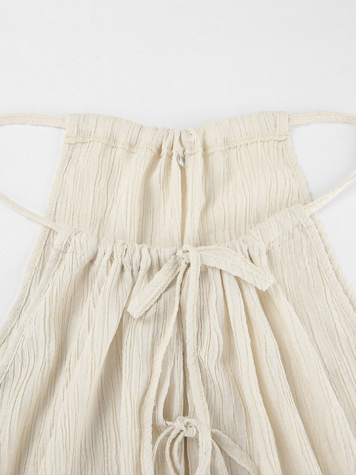 Ensemble deux pièces court plissé à col licou, à empiècements, taille haute, à taille élastique, à taille nouée, couleur unie – débardeur + pantalon