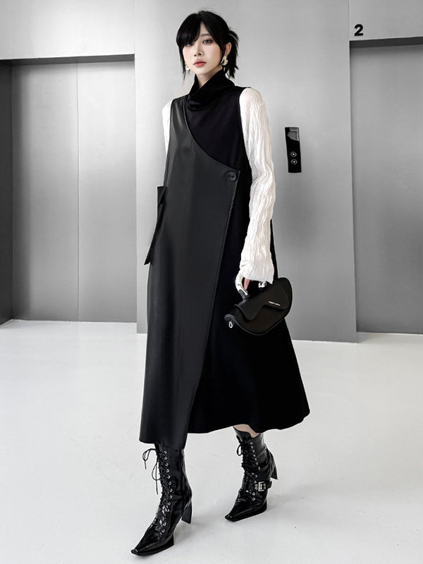 Robe mi-longue ample asymétrique boutonnée à coupe irrégulière, à empiècements, à col haut, couleur unie