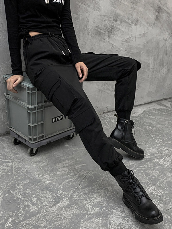 Pantalon salopette décontracté noir empire punk avec cordon de serrage élégant