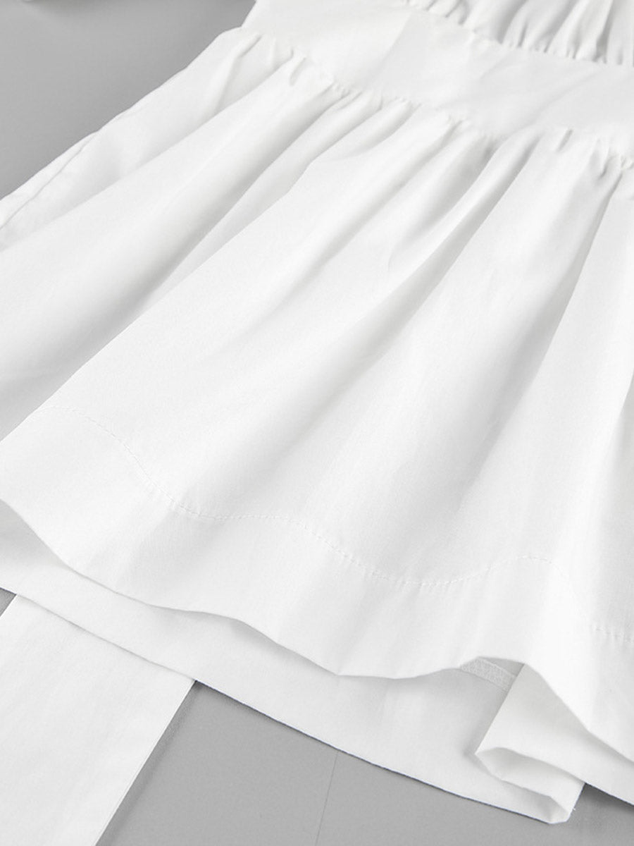 Chemisier plissé à taille élastique, taille haute, à empiècements, à taille nouée, à col rond, couleur unie