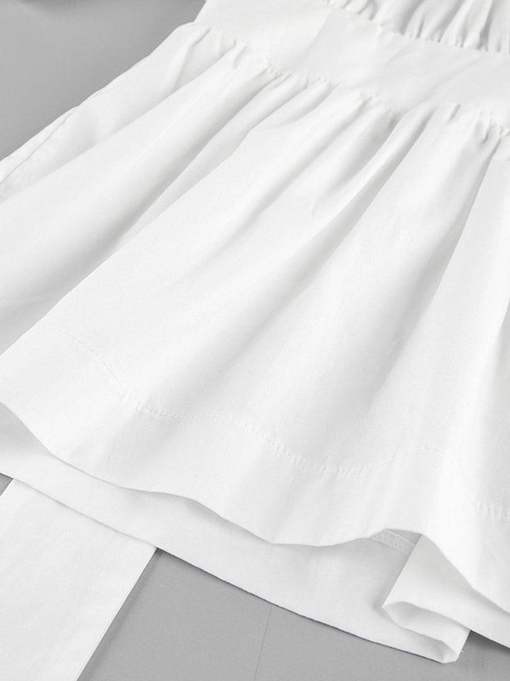 Chemisier plissé à taille élastique, taille haute, à empiècements, à taille nouée, à col rond, couleur unie