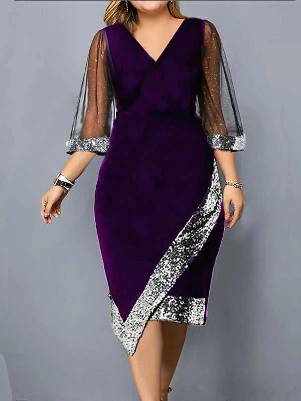 Robe mi-longue moulante coupe portefeuille, en résille, à sequins, à empiècements, à col en V, couleur contrastée