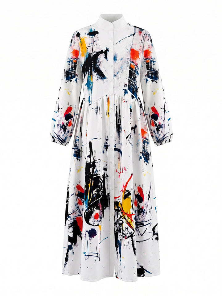 Robe chemise longue imprimée plissée boutonnée ample à empiècements, à poches, à manches longues, à col montant