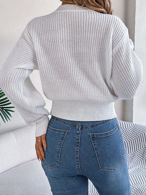 Taille élastiquée manches longues câble tricot couleur unie col rond haut en tricot pull hauts