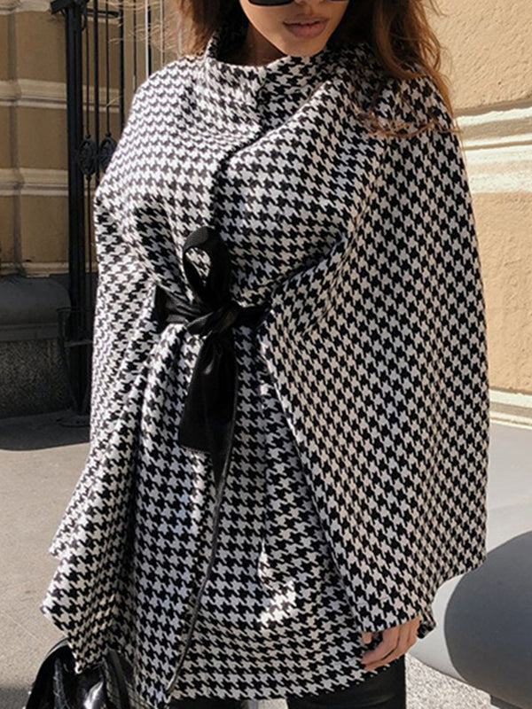 Veste à manches chauve-souris, à manches longues, à motif pied-de-poule, à taille nouée, à col montant, style cape