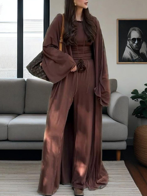 Manteau Cardigan ample à manches longues + T-shirts à col rond + pantalon élastique à cordon de serrage, ensemble trois pièces