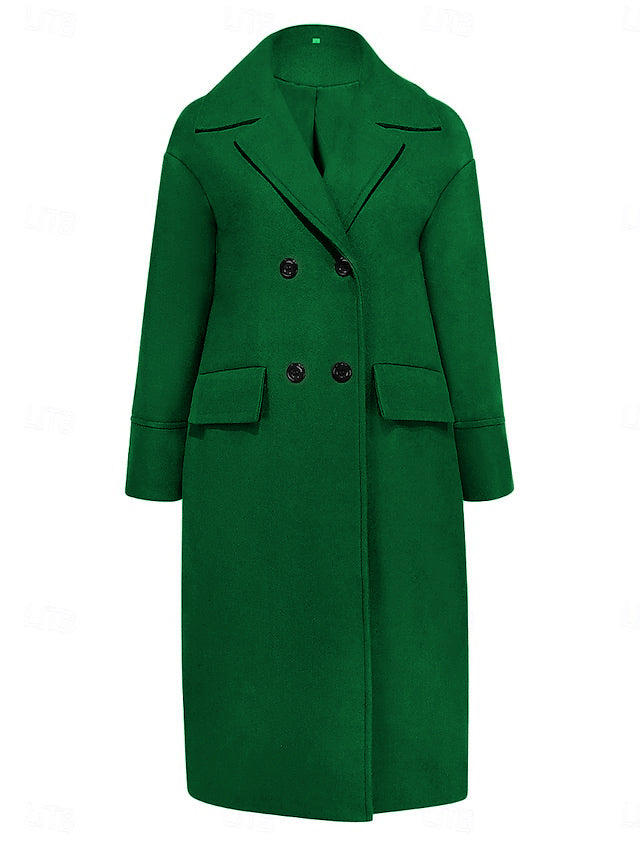 Manteau en laine ample boutonné à manches longues, à poches, à empiècements, à col montant, couleur unie